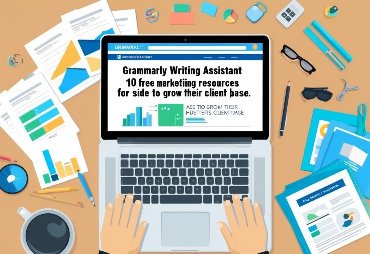 A desk with a laptop open to a webpage titled "Grammarly Writing Assistant 10 Free Marketing Resources for Side Hustlers to Grow Their Client Base." Various marketing materials and tools are scattered around the desk