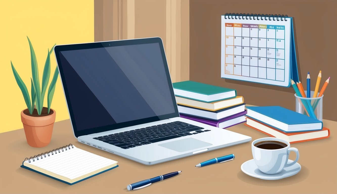 A laptop surrounded by books, a notepad, and a pen, with a cup of coffee nearby.</p><p>A calendar on the wall shows deadlines