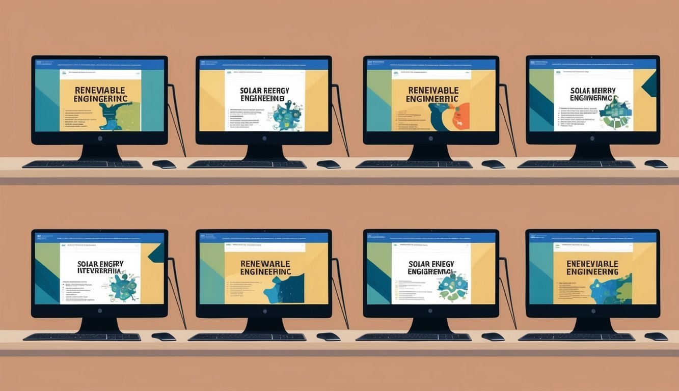 A row of seven computer screens displaying online courses on renewable energy engineering from Solar Energy International