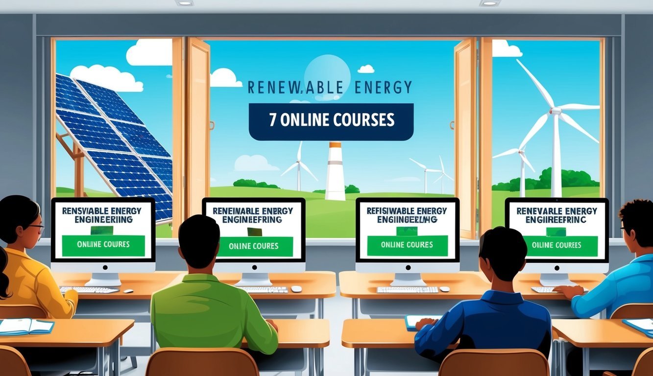 A modern classroom with computer monitors displaying Renewable Energy Engineering 7 online courses.</p><p>Solar panels and wind turbines visible through the window