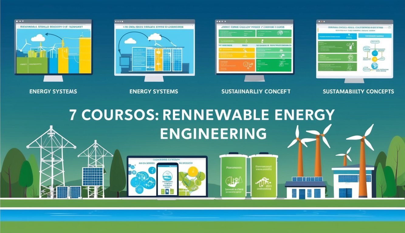 A collection of 7 online courses for renewable energy engineering, featuring diagrams of energy systems and sustainability concepts