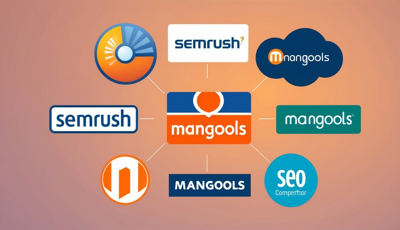 Seven SEO tool logos arranged in a circle, each representing a competitor of SEMrush and mangools