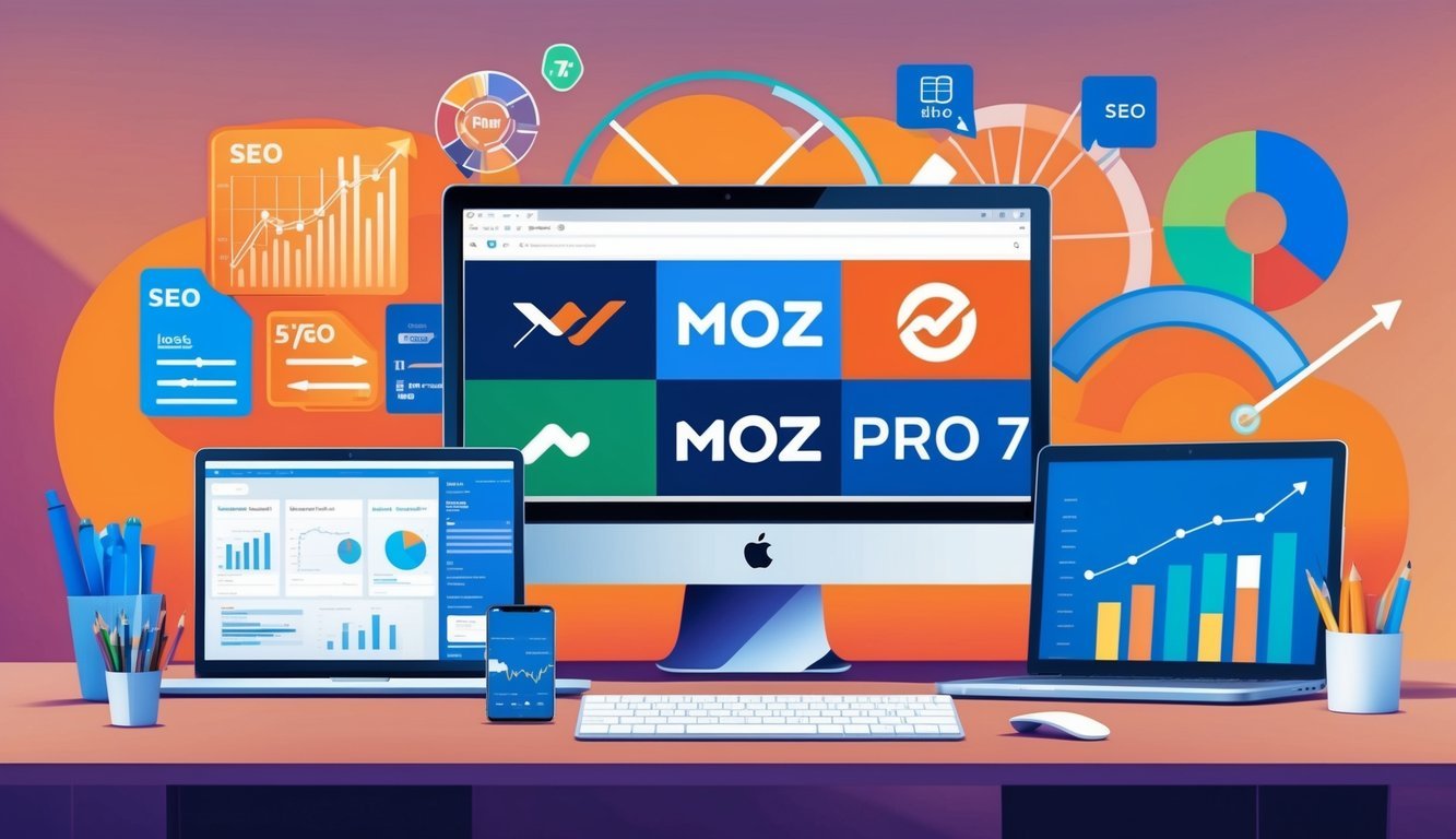 A computer screen displaying Moz Pro 7 and its competitors' logos, surrounded by various SEO tools and charts