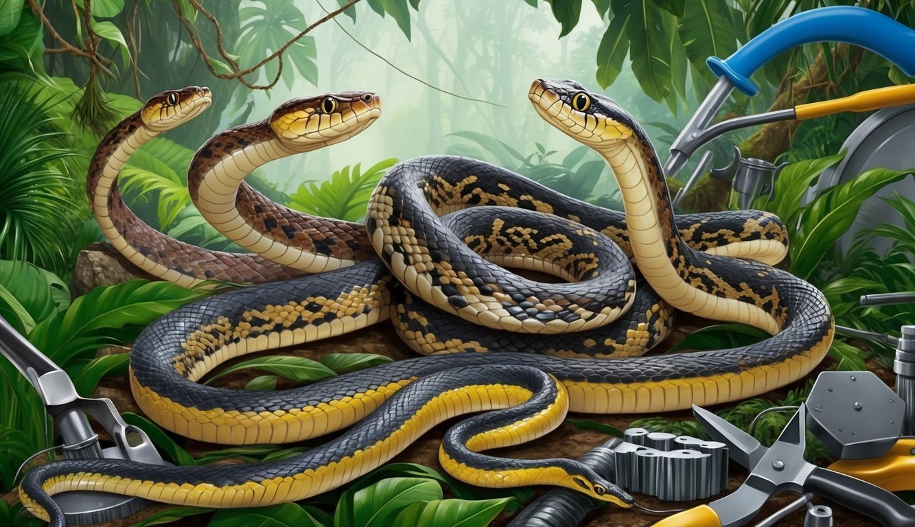 A group of seven snakes, each with a different colored pattern, slithering through a lush jungle, surrounded by various tools and equipment