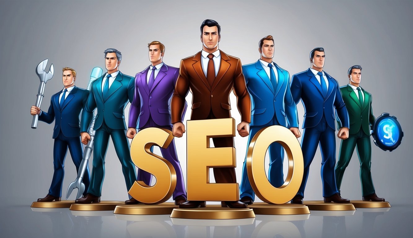 Seven powerful tools stand majestically, each representing a different aspect of SEO, creating a formidable suite for competitors in the digital marketing realm