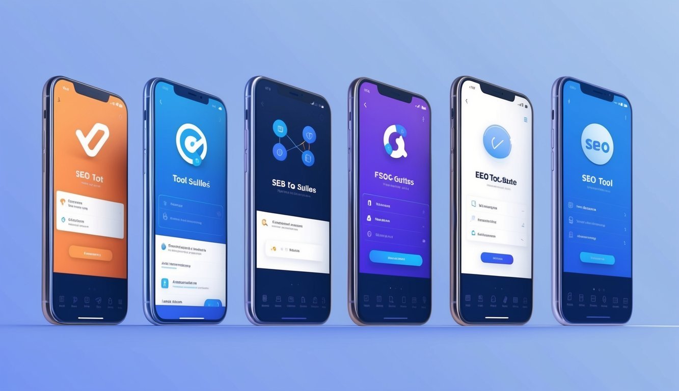A group of 7 sleek and modern SEO tool suites lined up side by side, each showcasing their unique features and branding