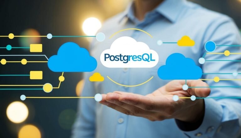 Man holding a cloud with "PostgreSQL" text, surrounded by network graphics