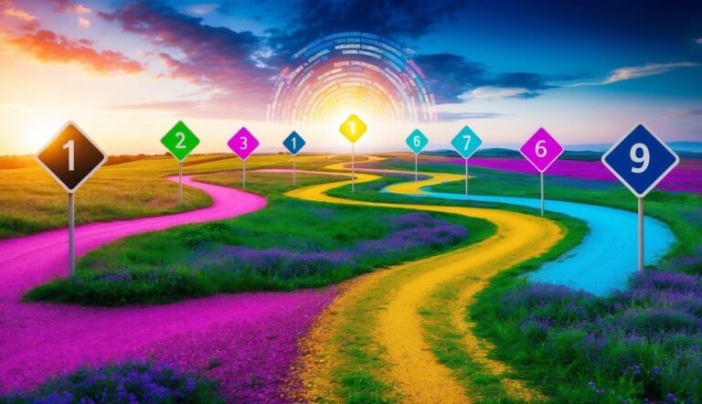 Colorful paths with numbered signs leading to a bright light in the sky