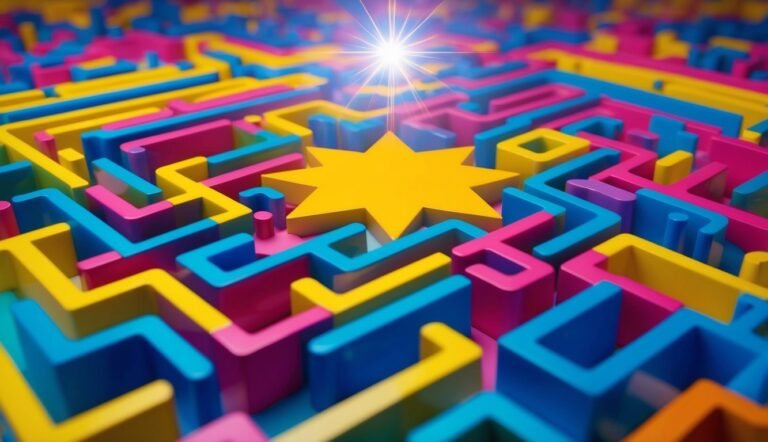 Colorful maze with a yellow star in the center and a bright light above