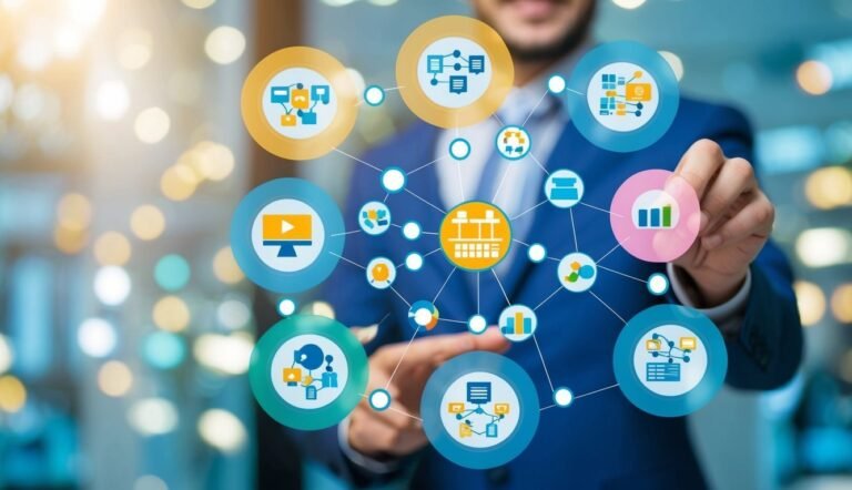 Businessman holding a network of connected icons representing data and processes