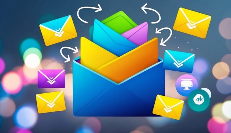 Colorful envelopes and arrows suggesting email communication and exchange