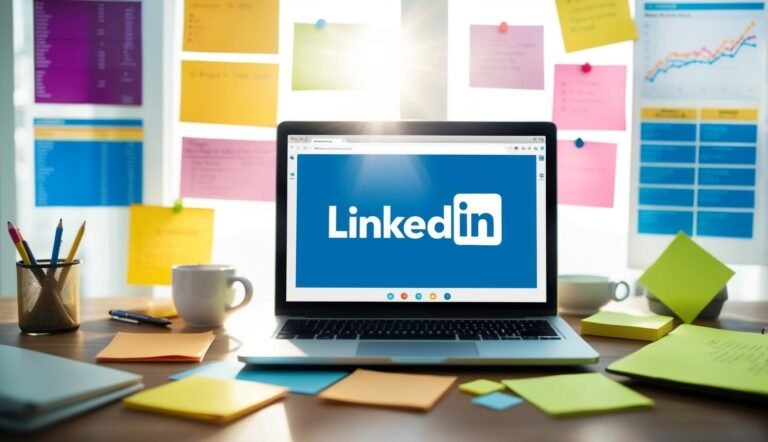 Laptop displaying the LinkedIn logo on a desk with sticky notes and charts