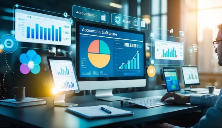 Man working on accounting software with charts and graphs on multiple screens
