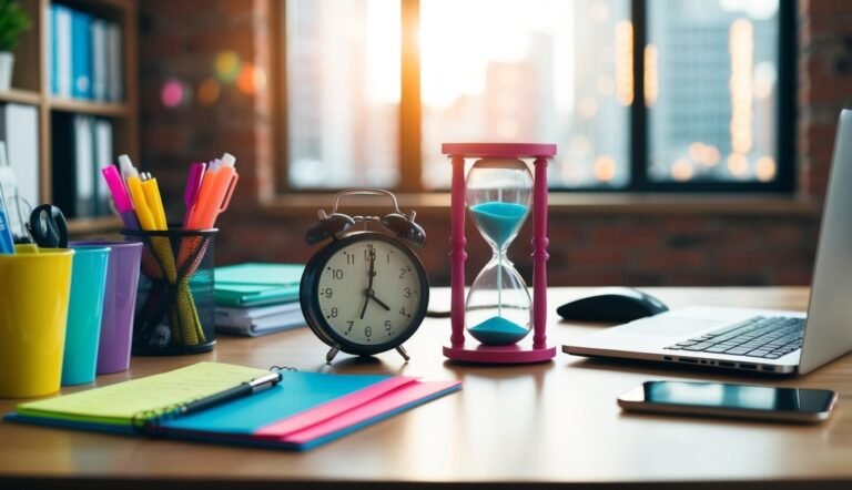 Desk with alarm clock, hourglass, laptop, and office supplies