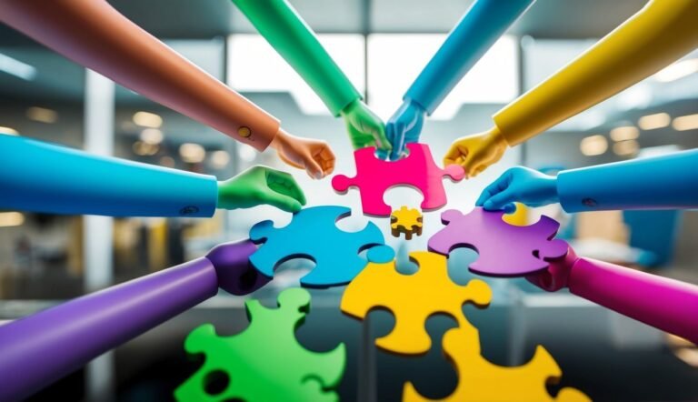 Colorful hands assembling puzzle pieces, symbolizing teamwork and collaboration