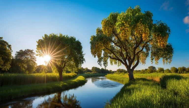 River flowing through a green landscape with trees and bright sunlight
