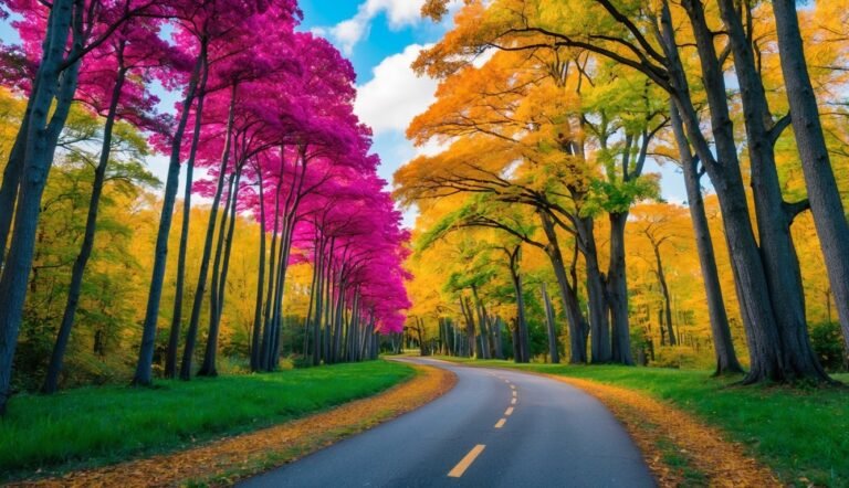 Winding road through vibrant trees with pink, yellow, and green foliage