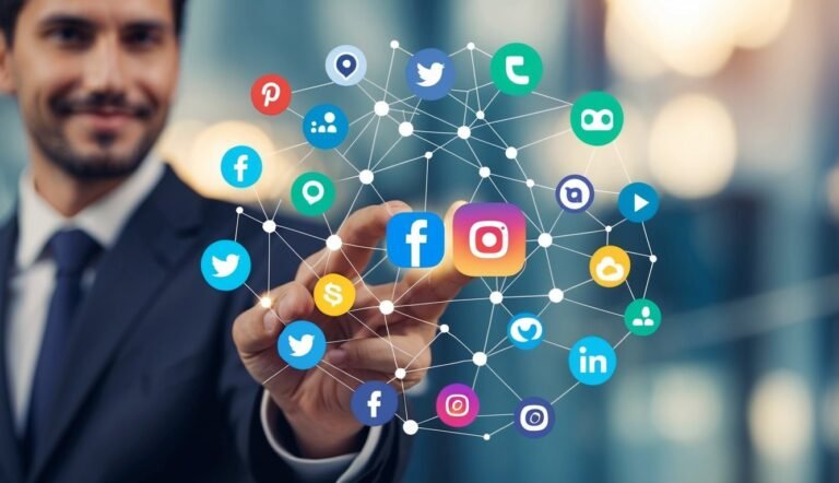 Businessman pointing at a network of social media icons, including Facebook and Instagram