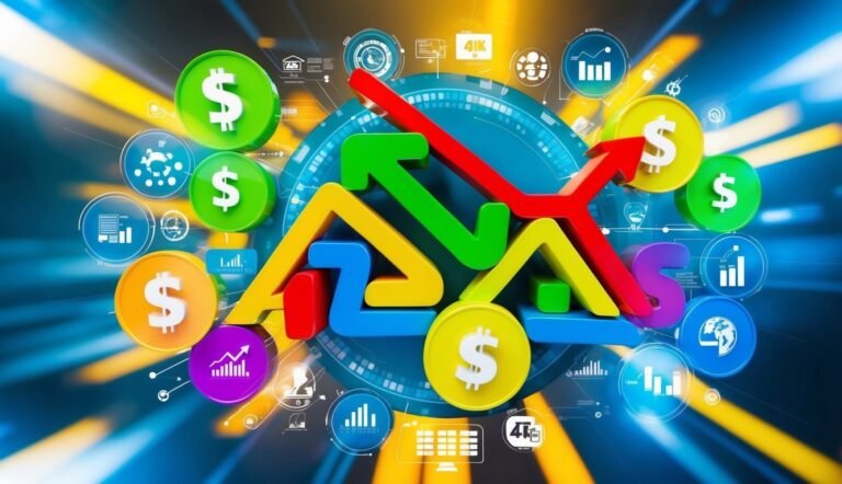 Colorful arrows, dollar signs, and data icons representing financial growth