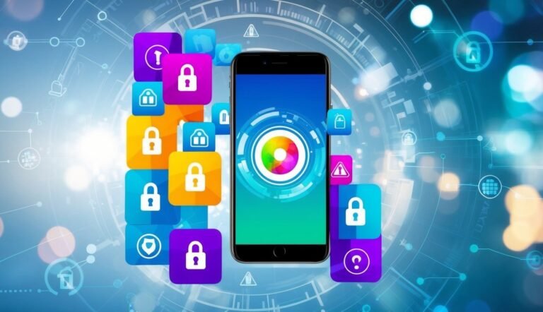 Smartphone with security icons, locks, and a colorful digital interface