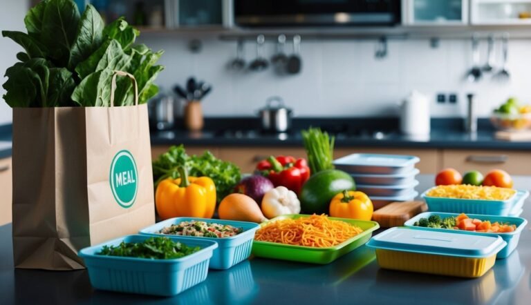 Meal prep ingredients and containers on a kitchen countertop with vegetables