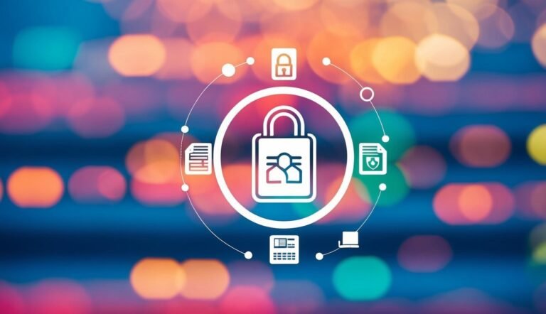 Data security concept with padlock icon and related symbols on bokeh background