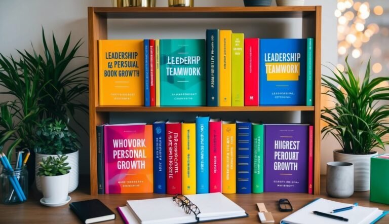 Books on a wooden shelf with plants and desk items