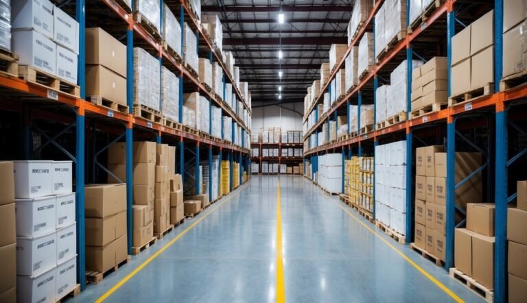 Warehouse interior with rows of shelves stacked with boxes and pallets