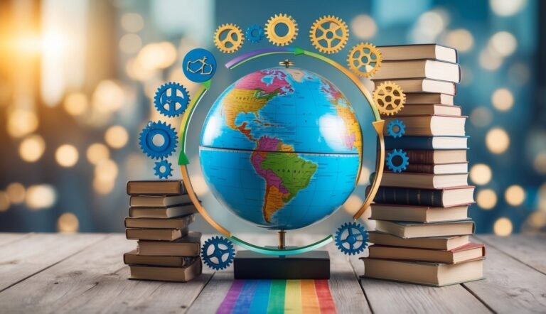 Globe, books, gears, and rainbow path symbolizing global education and knowledge