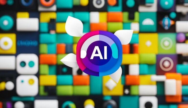 AI logo with white leaves, colorful geometric background