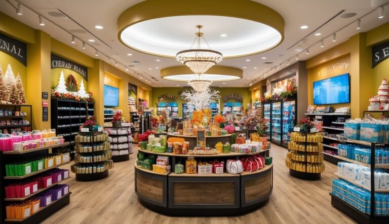 Interior of a brightly lit gift shop with various products on display