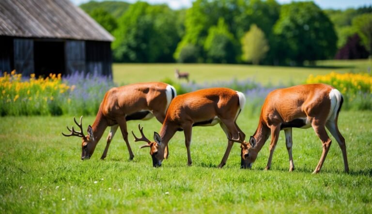 Three deer with antlers graze in a grassy field near a barn