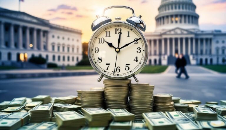 Alarm clock on money stacks with government buildings in the background