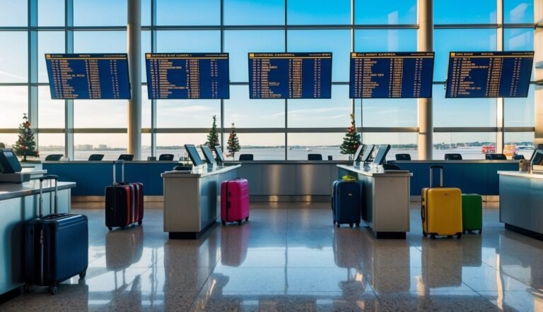 Airport check-in counters with luggage, flight boards, and Christmas trees