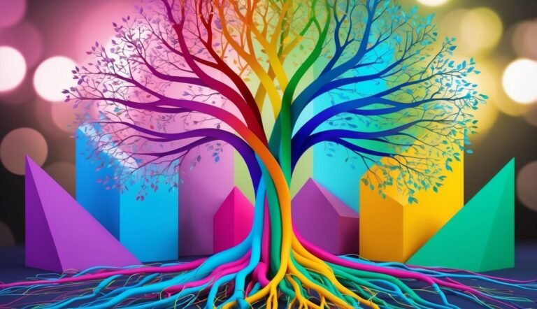 Colorful tree with rainbow trunk and roots, geometric shapes in background