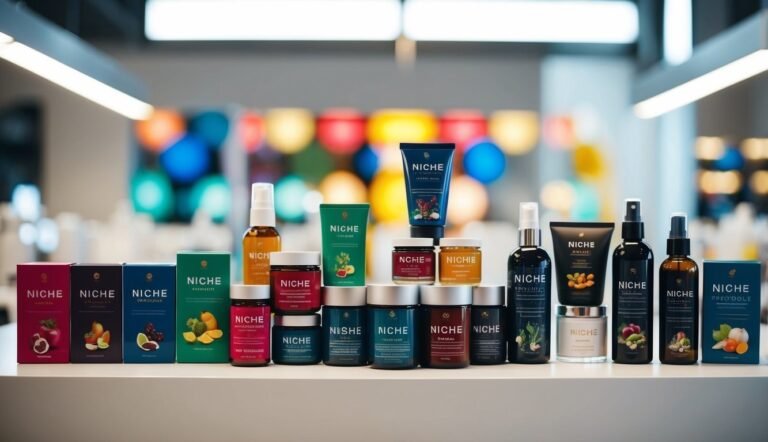 Various "Niche" brand skincare products and supplements arranged on a shelf
