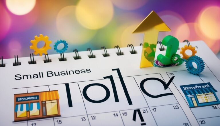 Calendar with "Small Business" title, gears, arrow, and storefront icons