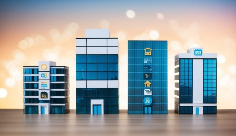 Four miniature buildings with icons on their facades, representing different businesses