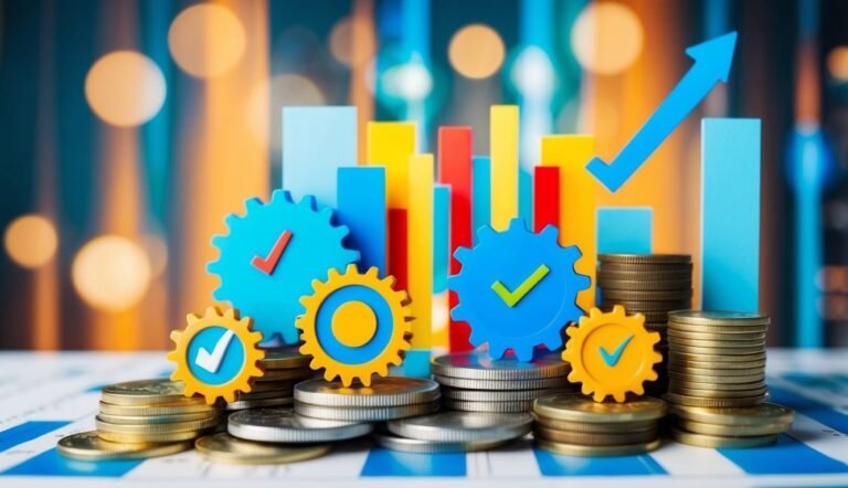 Financial growth concept with bar graph, coins, gears, and upward arrow