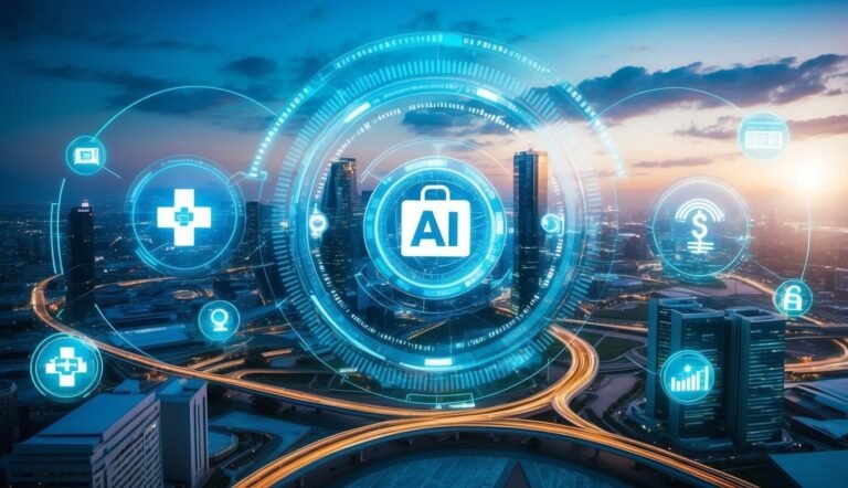 Futuristic cityscape with AI briefcase icon and digital health symbols overlayed