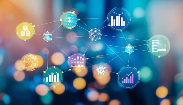 Network of connected data icons with charts and graphs