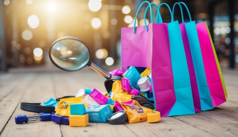 Shopping bags spilling items with a magnifying glass on a wooden floor