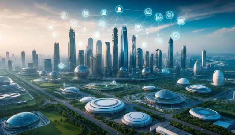 Futuristic city with skyscrapers, connected network, and modern architecture