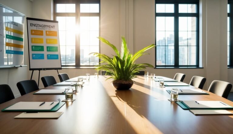 Conference room with long table, plant, windows, and presentation board