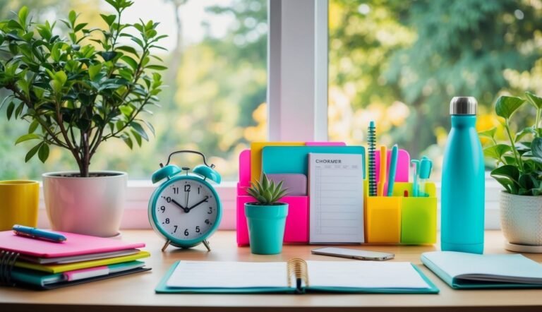 Desk with plants, clock, notebooks, pens, and water bottle by a window