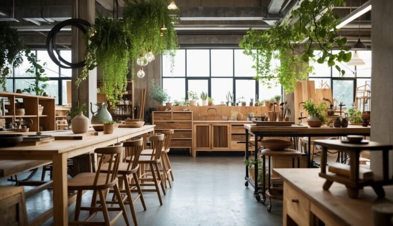 Bright, airy interior with wooden furniture, plants, and hanging greenery