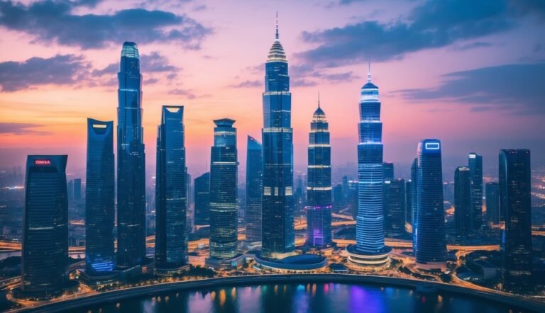 City skyline with tall skyscrapers at dusk, reflecting in water