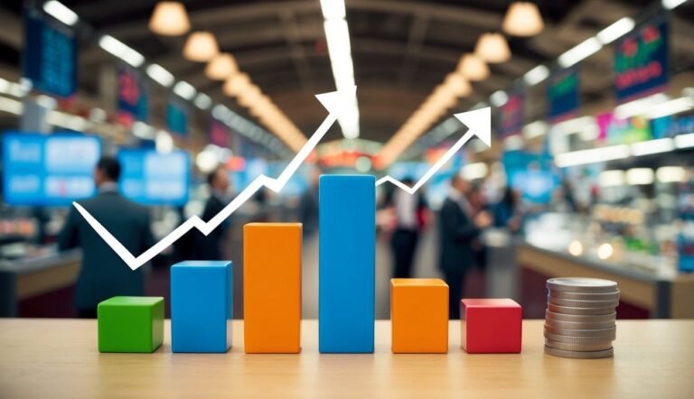 Colorful bar graph with upward trend arrow, coins, and blurred background