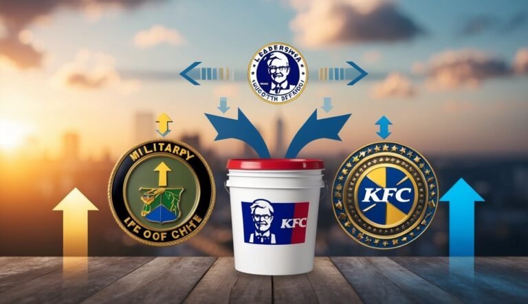 KFC bucket with arrows and military/leadership logos, rising up