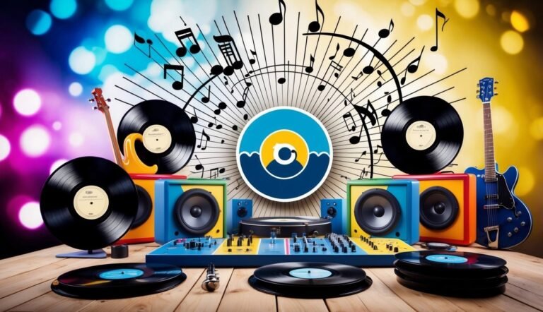 Vinyl records, DJ equipment, guitars, and musical notes on a colorful background